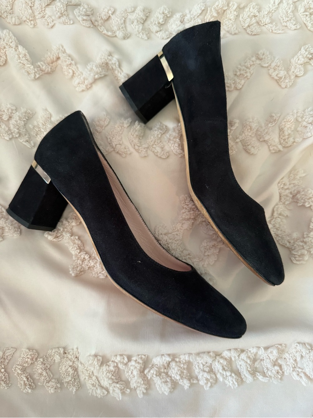 kate spade Black Suede Block Heel Pumps with Gold Accent